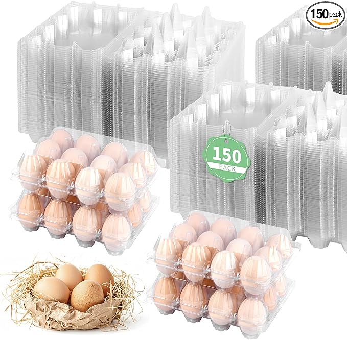 150 Pack 12 Count Plastic Egg Cartons - Bulk Cheap Clear Reusable Egg Containers for Chicken Eggs, Dozen Egg Storage Solutions. (150)