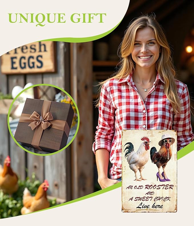 Vintage Chicken Wall Sign – 8x12” Farmhouse Rooster Decor with “AN OLD ROOSTER AND A SWEET CHICK Live here”” Quote – Rustic Waterproof Metal Plaque for Kitchen, Porch, Coop, Chicken Mom Gift - C