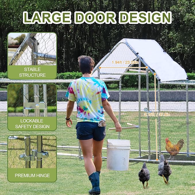Chicken Coop Large Metal Chicken House/Pen for 15-20 Chickens, Outdoor Walk-in Poultry Cage Spire Shape for Ducks, Rabbits, Dogs Etc, Silver (196.85" L x 39.37" W x 59" H)