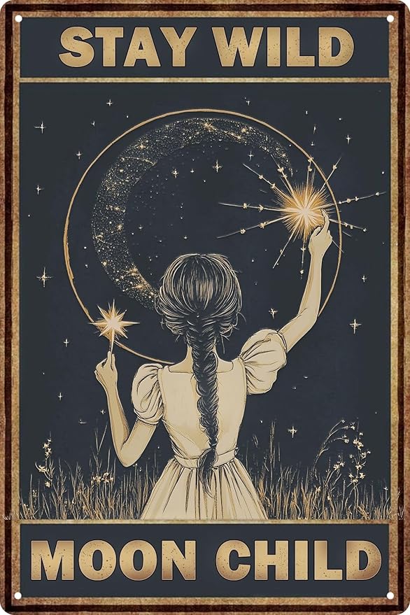 Kitchen Wall Decor Moon Girl Stay Wild Moon Child Sign Retro Mushroom Wall Decor for Bathroom Living Room Coffee Bar Decor Metal Tin Sign Man Cave 8x12 In