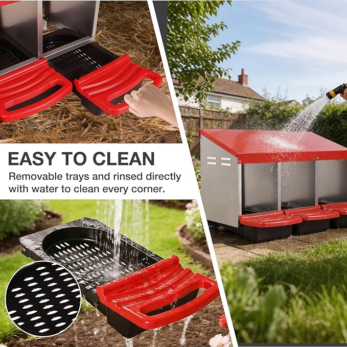 Chicken Nesting Boxes, 3 Compartments Egg Collection with Removable Drawer, Chicken Metal Laying Nest Box for Hens, Easy to Assemble, for Chicken Coop, Red
