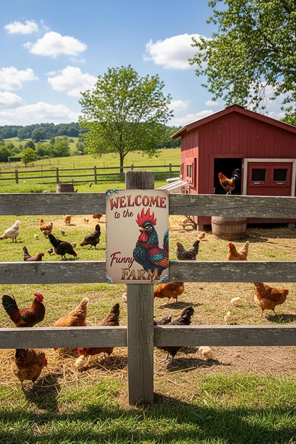 Welcome to The Funny Farm Aluminum Sign Humorous Chicken Coop Sign Rustic Farmhouse Welcome Sign for Backyard Flock 8x12 Inches Outdoor Metal Decor Style-01