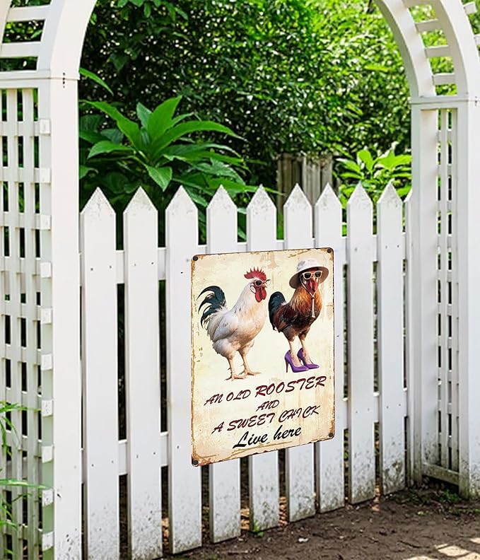 Vintage Chicken Wall Sign – 8x12” Farmhouse Rooster Decor with “AN OLD ROOSTER AND A SWEET CHICK Live here”” Quote – Rustic Waterproof Metal Plaque for Kitchen, Porch, Coop, Chicken Mom Gift - C