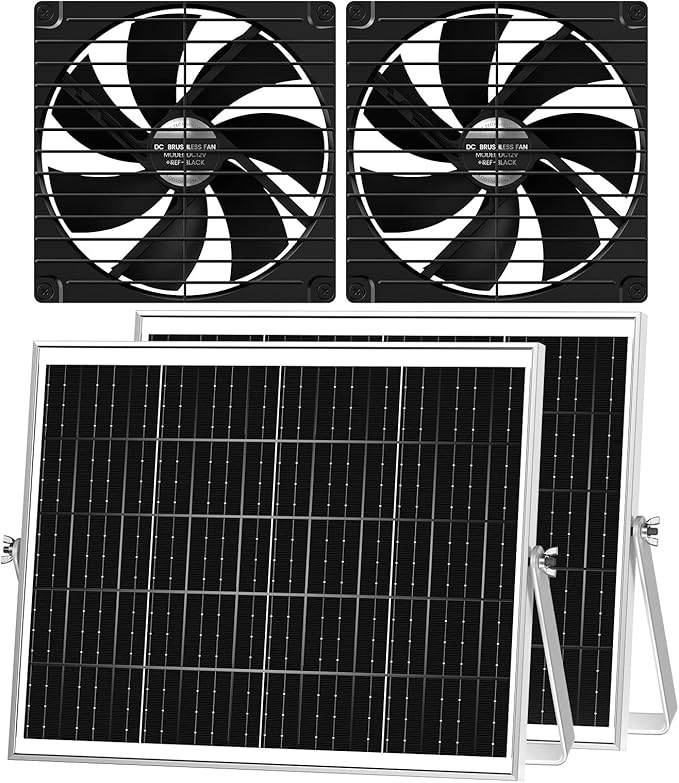 7.1" Solar Greenhouse Fan 2 Pack, 25W x 2 Large Solar Powered Intake and Exhaust Fan Outdoor Waterproof, 16.5 ft Cord, Strong Airflow for Chicken Coop Shed Cabin Circulation and Ventilation