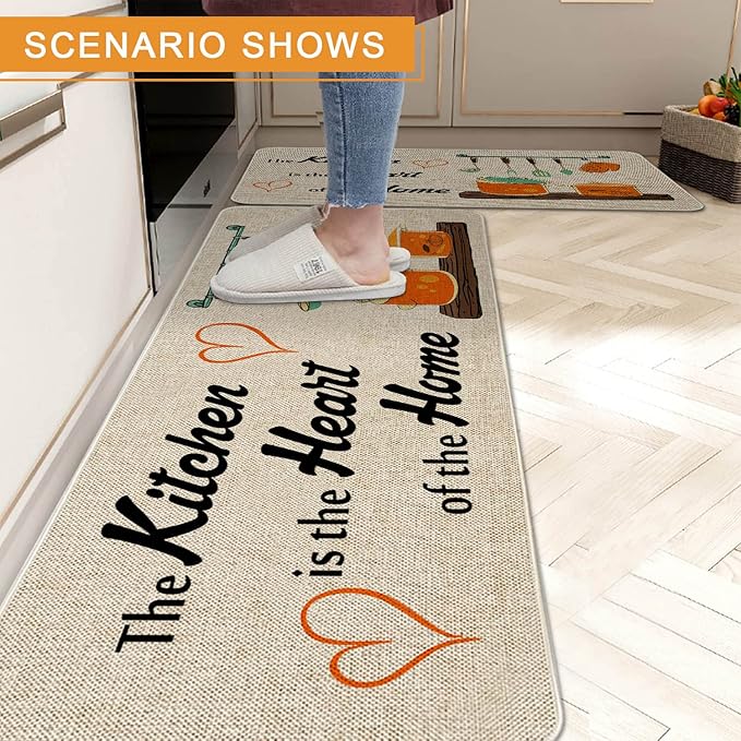 The Kitchen is The Heart of The Home Kitchen Mats Set of 2, Non-Slip Rubber Back Kitchen Rugs, Seasonal Holiday Cooking Sets Washable Floor Mat for Home Kitchen Decor - 17x29 and 17x47 Inch