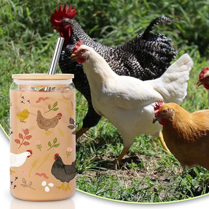 16 oz Cottagecore Glass Cup w/Lid & Straw, Funny Chicken Gifts for Chicken Lovers, Women, Men, Owners, Mom, Her, Farmer, Crazy Chicken Lady Gifts, Cute Mothers Day, Farmhouse, Rooster Decor