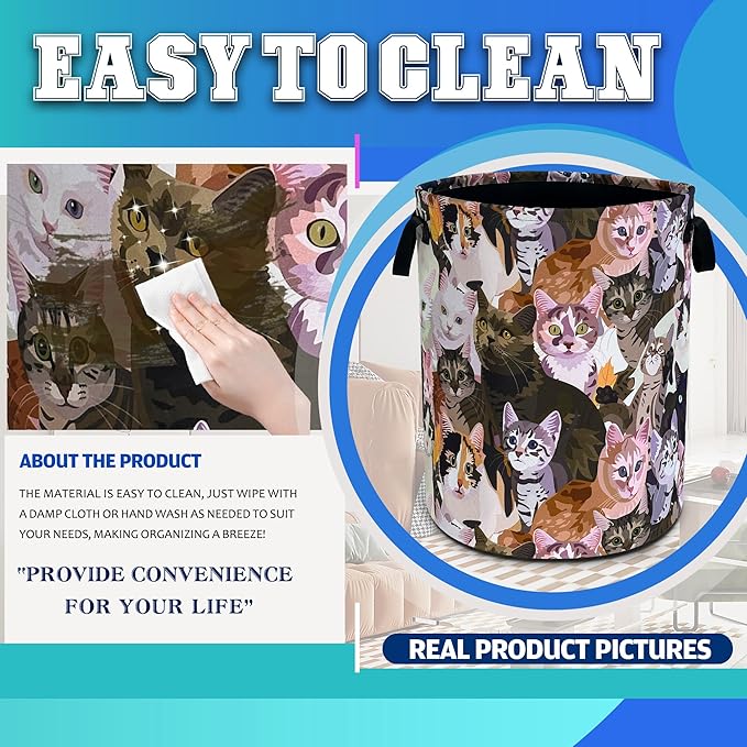 Cat Laundry Basket Oxford Cloth Funny Kitten Face Laundry Hamper With Handle Foldable Portable Clothes Storage Basket 18.9 X 16.5 In Storage Bag For Laundry Room/Bathroom/Bedroom/Dormitories