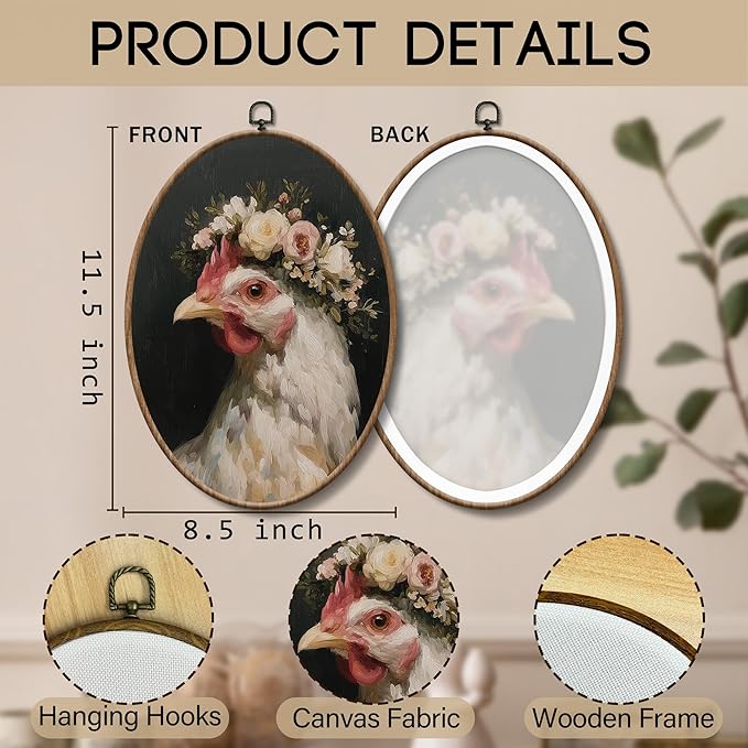 Yorhifa Vintage Floral Chicken Framed Wall Art, Cottagecore Flower Rooster Oval Wall Art, Rustic Farmhouse Chicken Oval Walls Decor, Country Farm Animal Canvas Artwork Hanging Decor, 8.5x11.5in