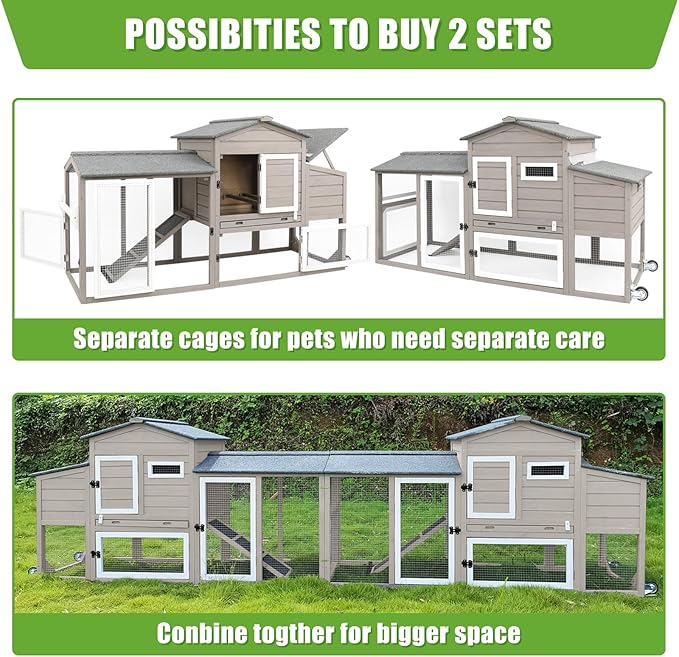 PetsCosset 136" Chicken Coop with Wheels, Backyard Wooden Hen House Outdoor for 1-6 Chickens, 2 Story Poultry Cage Chicken Coop and Run, Nesting Box, Pull Out Trays, Set of Two, (Grey)