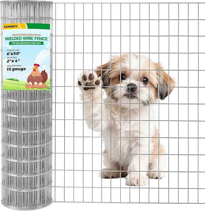 Welded Wire Fence, 6Ft x 50Ft 15Ga Chicken Wire Fencing, Garden Border Fencing Roll Metal Wire Mesh for Yard Vegetable Plant Protection Poultry Netting