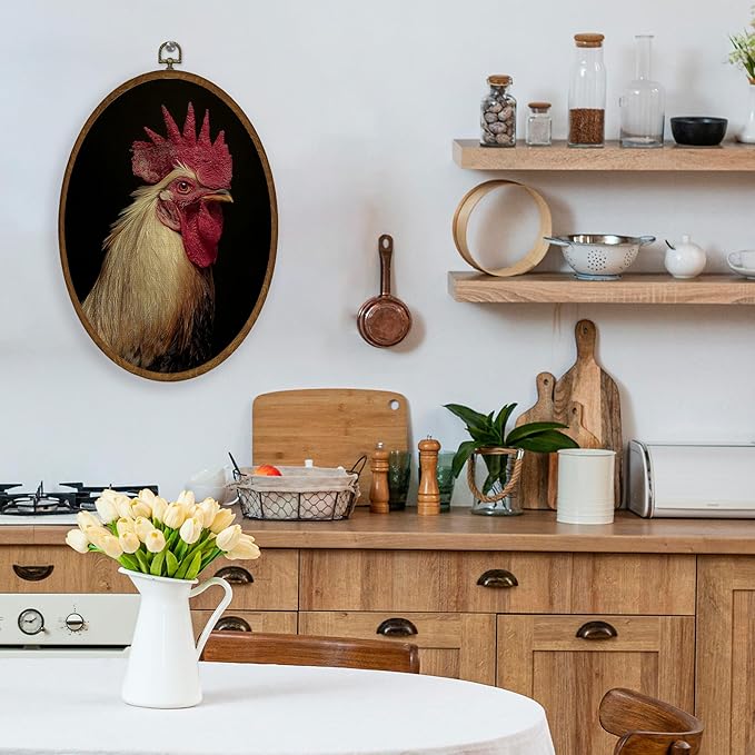 WULQYING Vintage Chicken Wall Art Decor, Moody Dark Academia Chicken Oval Framed Canvas Art Prints, Rustic Farmhouse Rooster Wall Hanging Decor for Home Bedroom Living Room, 8.6x11.4 Inches