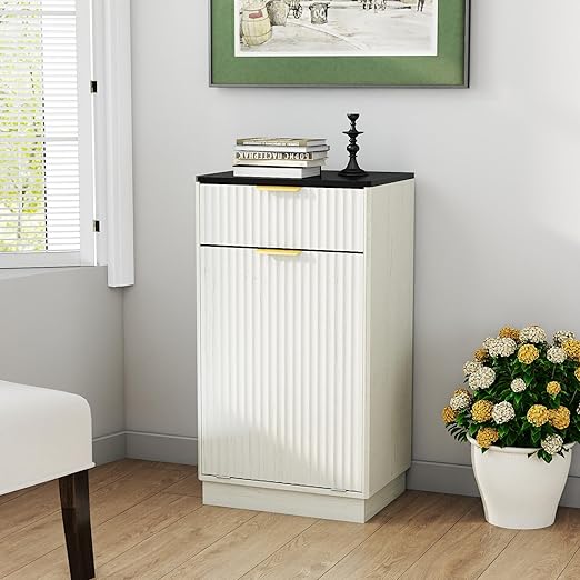 19 Inch Single 10 Gallon Wood Grain Tilt-Down Trash Can Cabinet with Storage Drawer,Wood Grooved Recycling Cabinet with Wave Texture Hidden Pull-Out Trash Can for Kitchen,Bathroom (White-03)