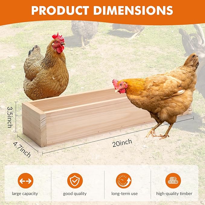 Chicken Feeder, 4 Pack 20” Wooden Large Capacity Eco-Friendly Feed Trough for 24 Chickens Simultaneous Feeding, Healthy Poultry Feeder for Chicken Duck Bird Livestock (Natural Wood)