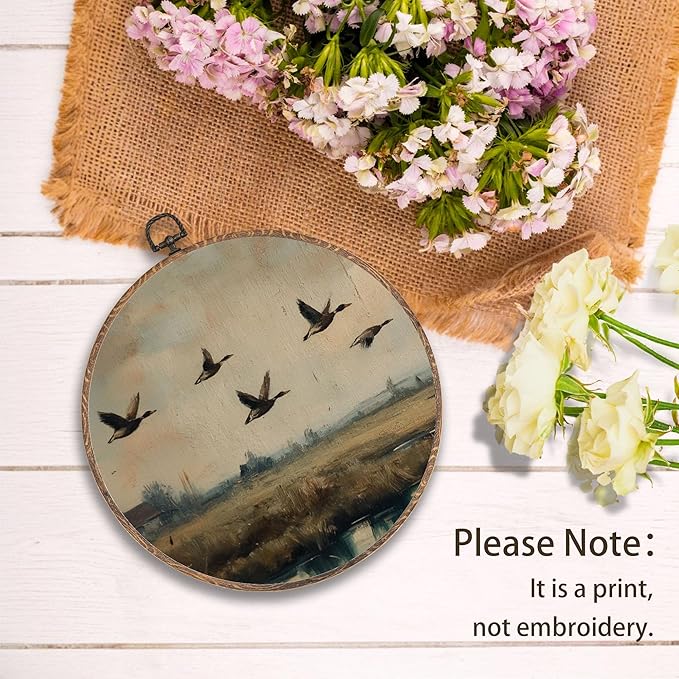 Yorhifa Vintage Flying Duck Framed Wall Art, Rustic Mallard Duck Round Wall Art, Farmhouse Farm Animal Round Walls Decor, Country Waterfowl Circle Canvas Artwork Hanging Decor, 10x10in