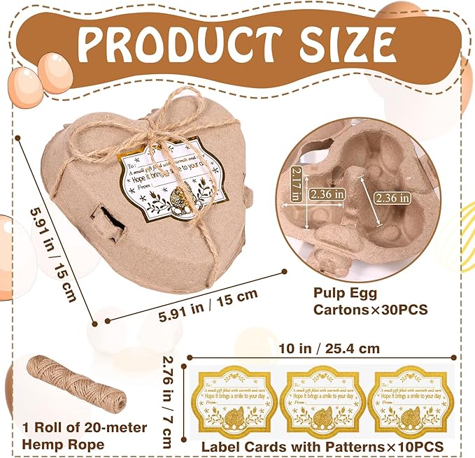 30PCS Heart Shaped Egg Carton, Heart Egg Cartons, 3 Count Natural Paper Pulp Easter Eggs Cartons with Jute Rope, Reusable Cardboard Storage Baskets for Easter Holiday Gifts