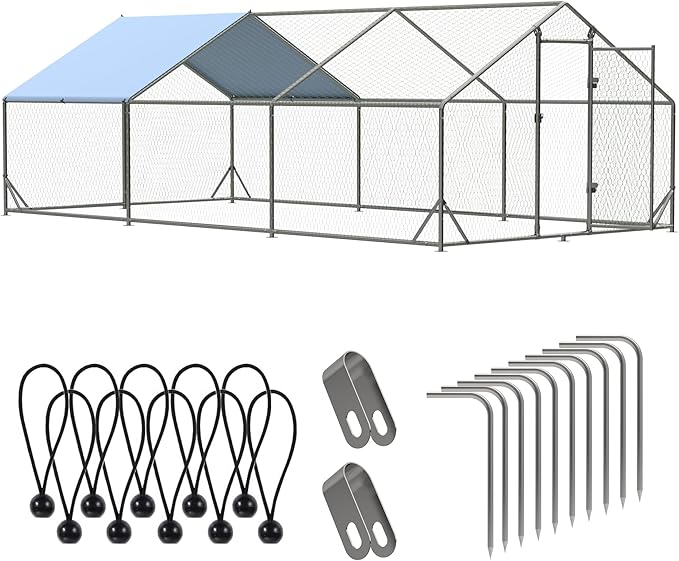 Large Metal Chicken Run Walk-in Poultry Cage Spire-Shaped Chicken Coop with Waterproof and Anti-Ultraviolet Cover for Outside,Backyard and Farm,19.6' L x 9.8' W x 6.4' H