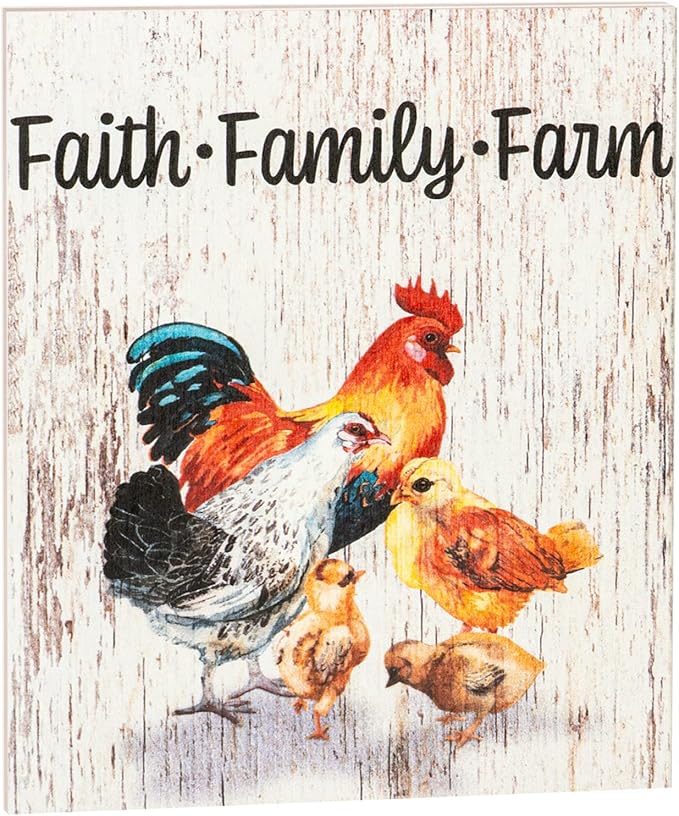 JennyGems Faith Family Farm Wooden Sign, Rustic Farm Signs, Chicken Decor, Farmhouse Decorations, Made in USA