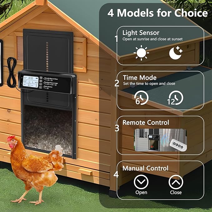 Automatic Chicken Coop Door Solar Powered, LCD Display Automatic Chicken Door with Timer & Light Sensor Mix 4Modes, Aluminum Waterproof Coop Door Charge with Solar Panel & USB,Remote Control