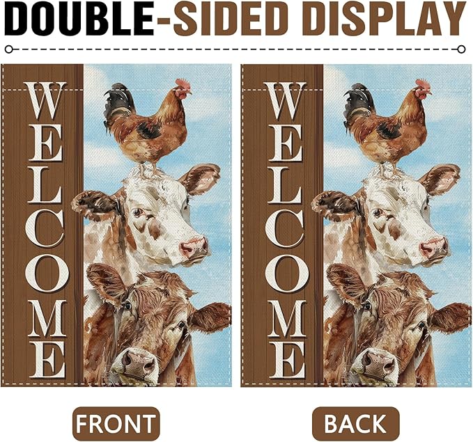 Dyrenson Vintage Farm Animals Welcome Decorative Garden Flag, Retro Farmhouse Cow Rooster Chicken Yard Outside Home Decoration, Rustic Country Burlap Outdoor Small Decor Double Sided 12 x 18