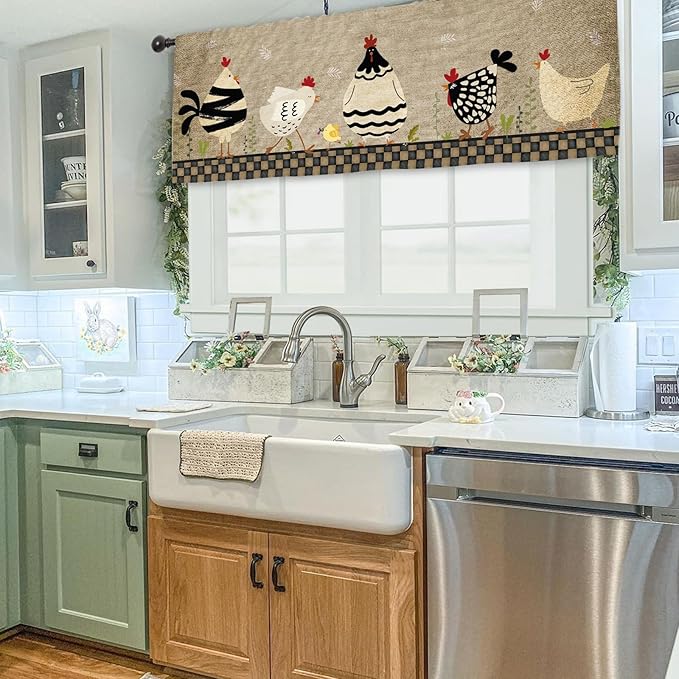 Miyotaa Rooster Farmhouse Kitchen Curtain Valance 54W x 18H Rod Pocket Rustic Farm Chicken Rural Country Plaid Window Treatment for Living Room Bedroom Bathroom Laundry
