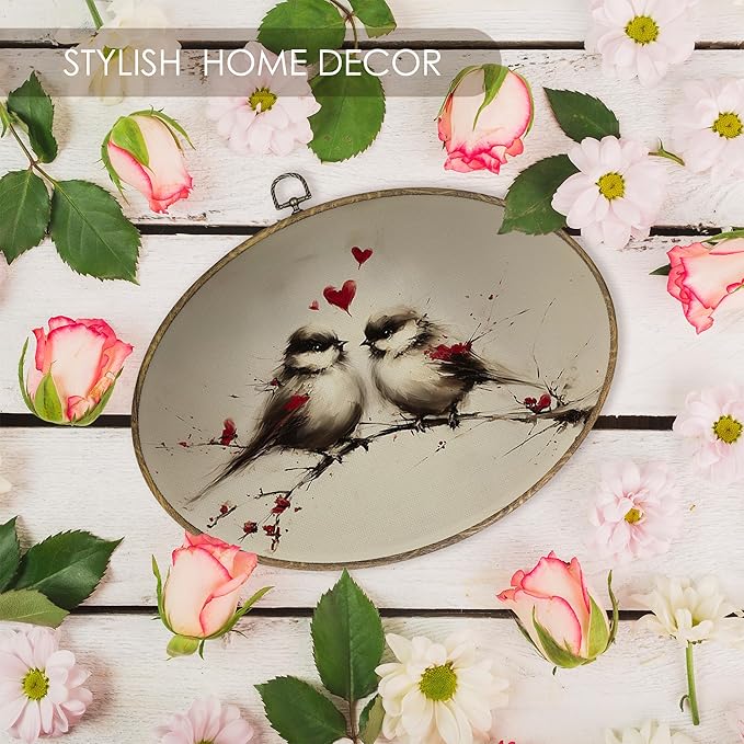 Fewgb Valentines Love Bird Couple Oval Wall Art Decor Framed, Valentine Valentine's Day Canvas Wall Art Prints Picture, Vintage Birds Farmhouse Hanging Room Decor for Gallery Bedroom Living Room 9x12