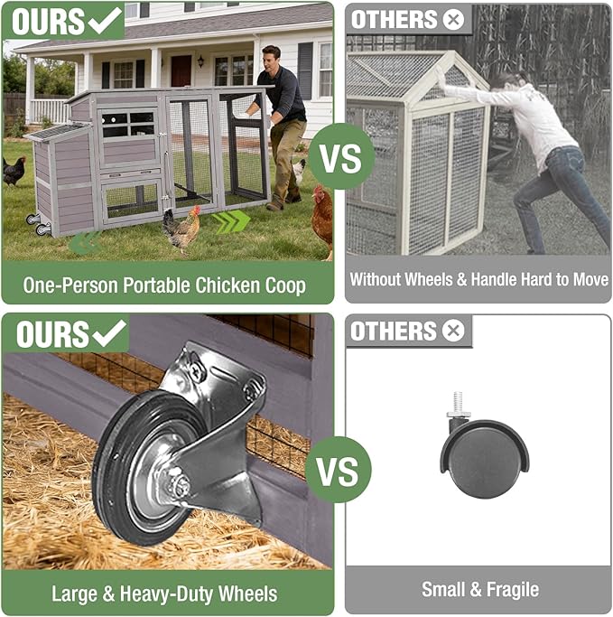 Mobile Chicken Coop with Run, Large Wooden Hen House Poultry Cage with Wheels, Weatherproof Roof, Sectionable Nesting Box, Pull-Out Tray for 3-5 Chickens, 74.9" L x 26" W x 39.4" H (Grey)