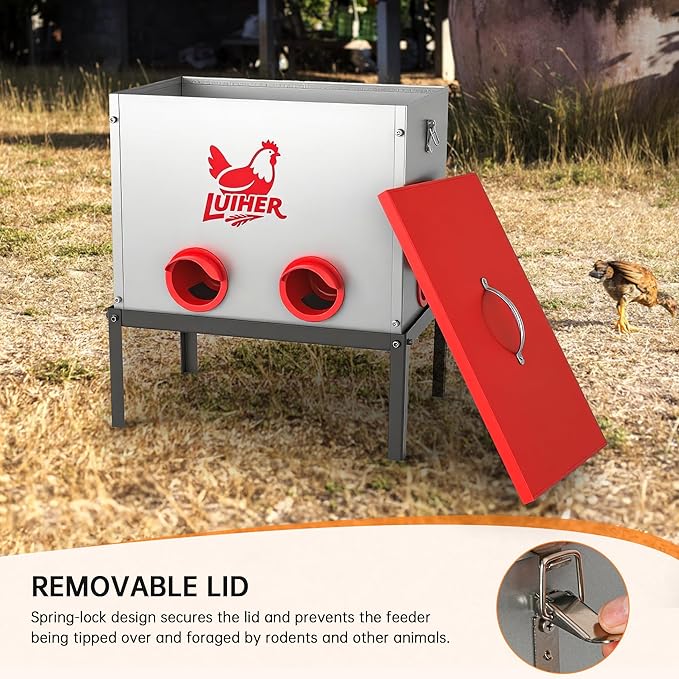 chicken food dispenser 25LB no waste chincken feeder 6 Ports Large Capacity Galvanized Metal Poultry Feeder with Legs and Lids - Reduces Refilling Frequency Chicken Feeding Equipment for Hen Coop