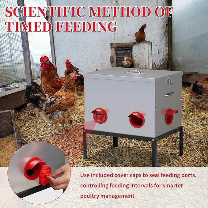 Automatic Chicken Feeder,50LBS 6 Port Large Chicken Feeder with Raise The Base Frame,Waterproof Galvanized Steel Poultry Feeder with Locking Lid for Chicken Coop