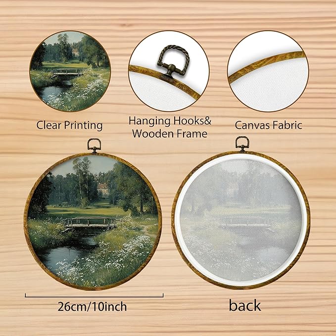 Hiuwevt Rustic Farmhouse Nature Round Wall Art Decor, Vintage Country Wildflower Landscape Framed Canvas Prints, Retro Cottagecore Round Wall Hanging Decor for Home Bedroom Decorations, 10x10 Inches