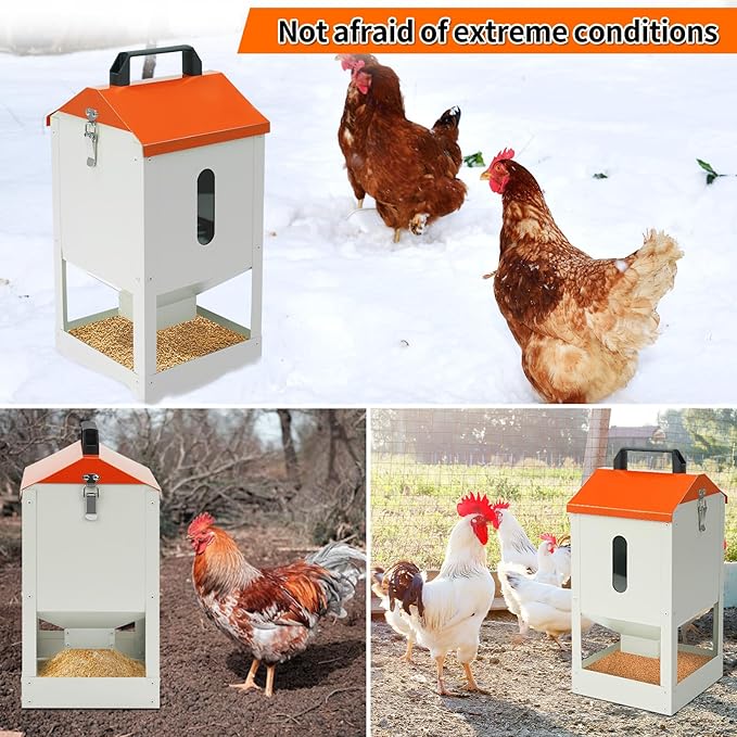 Galvanized Wall Mount Chicken Feeder No Waste Hanging Chicken Feeder with Lid Metal Automatic Poultry Feeder Trough Food Dispenser No Spill Mess Free for Chicken Duck Quail Geese Turkey