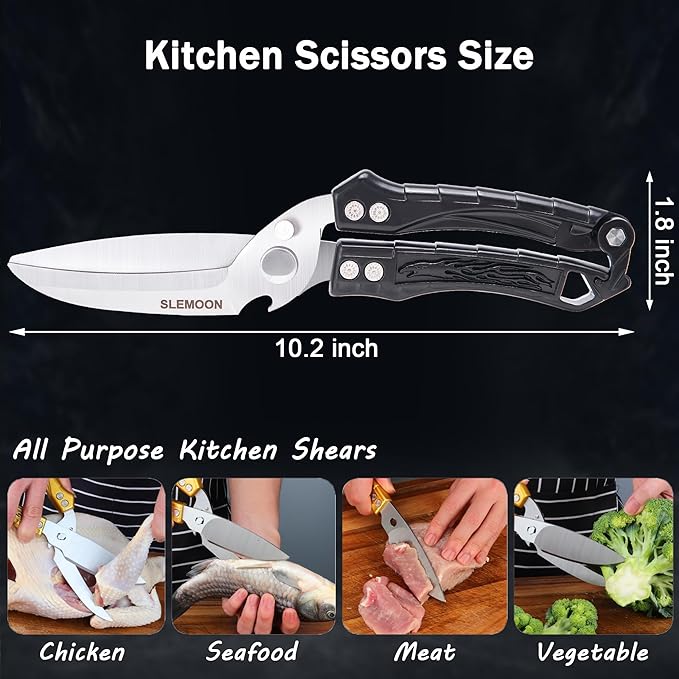 Kitchen Shears Heavy Duty Poultry Shears for Bone,Chicken,Turkey,Meat,Fish and Pizza Cutting Board Kitchen Scissors All Purpose for Food Ideal for Chef and Home Cooking,Dishwasher Safe Black