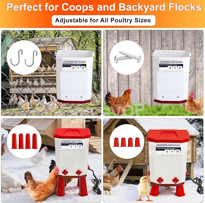 Heated Chicken Waterer, 7L Chicken Water Heater Bucket for Winter with 4 Nipple Drinkers, Anti-Freezing, Winter and Summer Dual-use, Automatic Heated Poultry Drinker for Coop (Red)