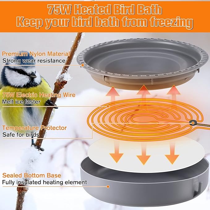 Saillong Heated Bird Baths for Outdoors for Winter with Thermostat Control, Powerful 75W Bird Bath Heater for Outside, Birdbath Birds Feeder for Winter Garden Patio Yard Lawn(Freestanding Style)