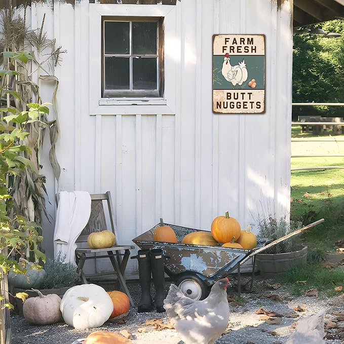 Bestylez Funny Chicken Coop Sign Vintage Chicken Sign - Farm Fresh Butt Nuggets Sign Outdoor Chicken Decor 8" * 12" (277)