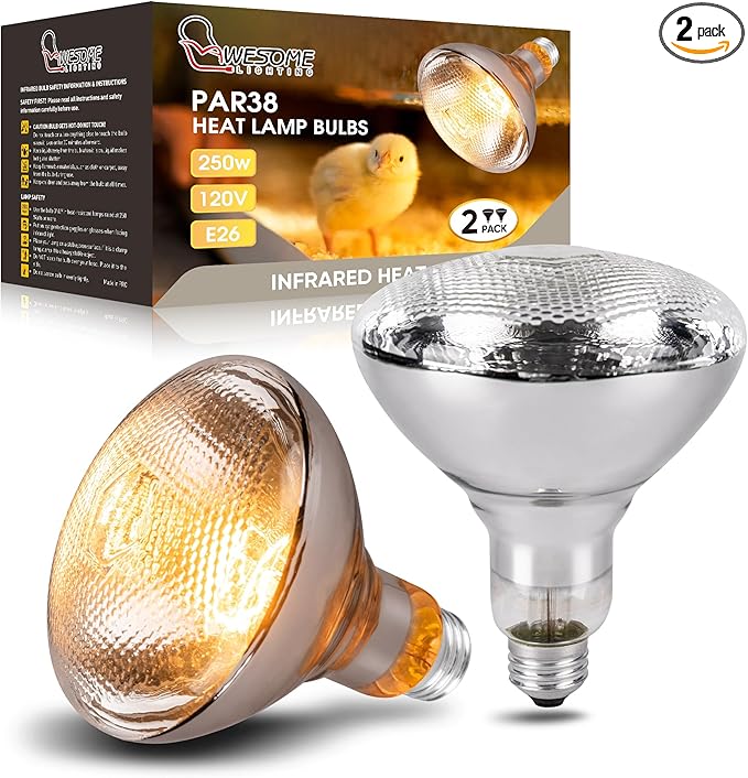 250 Watt Heat Lamp Bulbs for Chickens, PAR38 Clear Glass Brooder Heat Lamp, Infrared Reflector Heat Bulbs for Pets, Bathroom, Food, Light Therapy 2 Pack