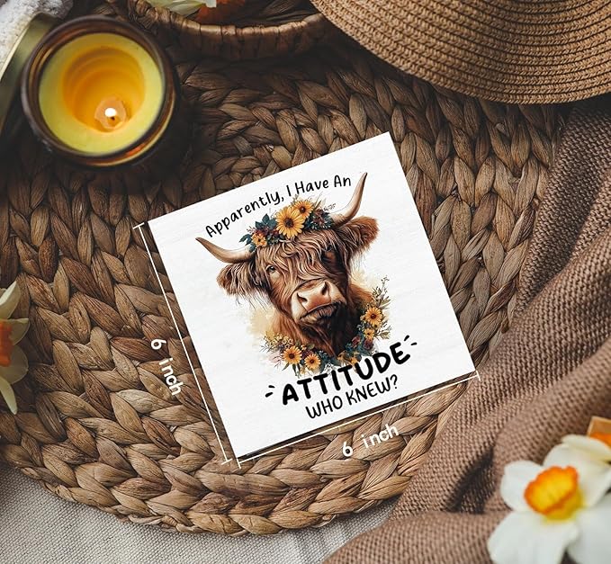 Highland Cow Sign, Farm Cottagecore Animal Office Kitchen Bedroom Decor, Apparently I Have an Attitude Who Knew Wooden Box Signs, Apparently Highland Cow Gifts for Women Men 6x6 in Decorative Signs & Plaques