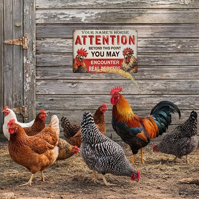 Custom Your Name Chicken Attention Sign Funny Farm Rooster Metal Tin Plaque Vintage Rustic Wall Decor for Backyard Barn