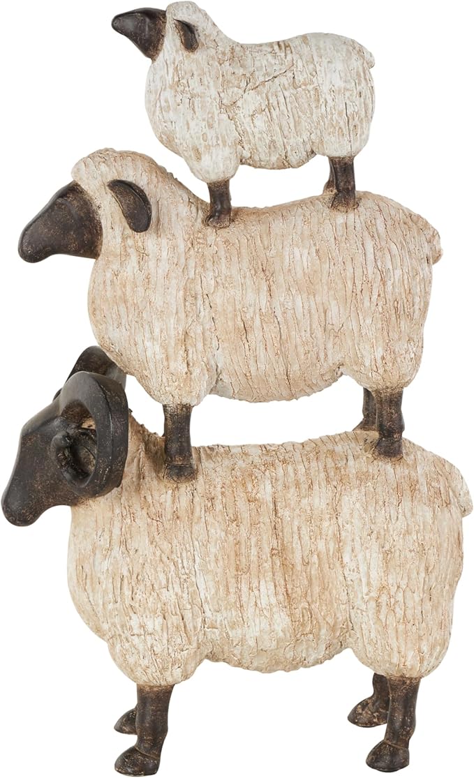 Deco 79 Polystone Sheep Stacked Sculpture with Black Accents, 9" x 4" x 15", Cream