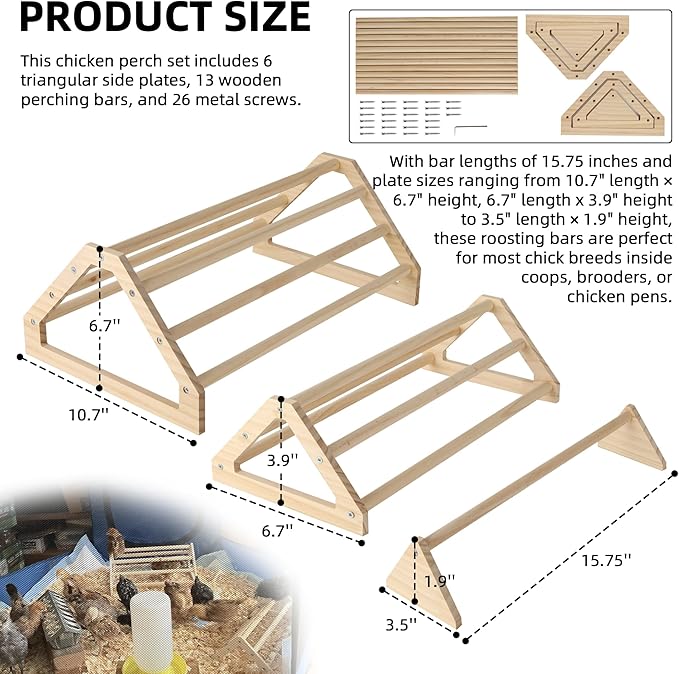 TonGass 3-Pack 15.75" Extra Long Chicken Perch, Freestanding Roosting Bar for Baby Chicks, Durable Polished Pine Roosting Bar, Perch Stand for Chicken Brooder