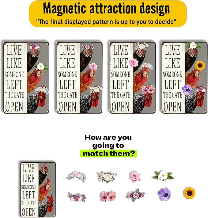 Funny DIY Magnetic Attraction Design,Vintage Chicken Decor Metal Sign, Funny Farmhouse Kitchen Wall Art, Unique Home Decor Gifts for Women, Farmhouse Style Enthusiasts, Retro Chicken Coop Accessories,8*12 Inch (Beige Grey)