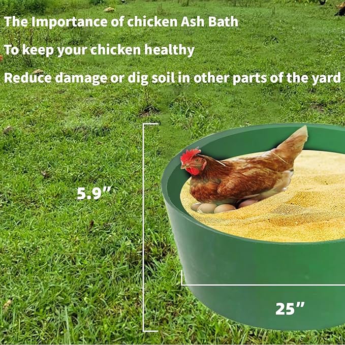 Chicken Dust Bath Tub, 25'' D * 5.9'' H, Bottomless Design, PE Eco Friendly, Dust Bath for Chickens, Chicken Coop Cleaner Container,Chicken Coop Lime,Essential Chicken Coop Accessory (1 Pack, Green)