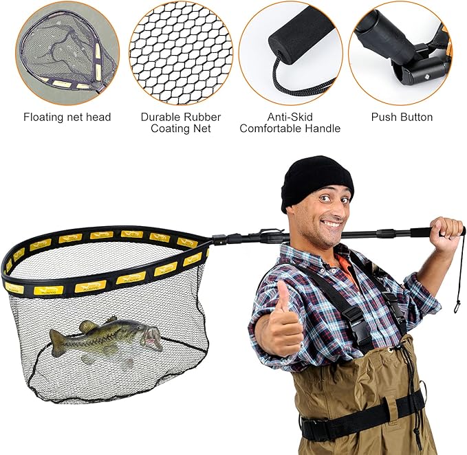 PLUSINNO Fishing Net Fish Floating Landing Net, Kayak Nets with Fixed Foldable Telescopic Pole Handle, Bass Trout Fishing Nets with Nylon Mesh for Pond Lake River, Fishing Gear Gifts for Men Anglers