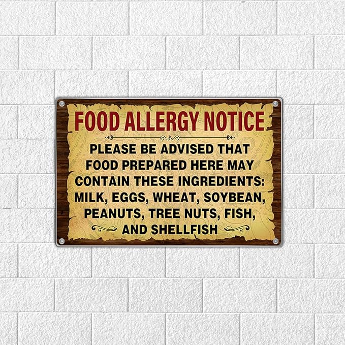 Food Allergy Notice Metal Sign 12 x 8 Inch Restaurant Cafe Kitchen Dining Area Canteen Wall Decor Safety Warning Signage For Preparation Areas Art Home Outdoor Vintage