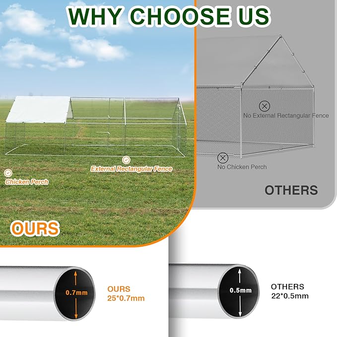 Chicken Coop Large Metal Chicken Run with Chicken Perch, Outdoor Dog Kennel with Roof Waterproof Anti-UV Cover Secure Lock for Outside Backyard Farm (19.7' L x 9.8' W x 6.72' H)