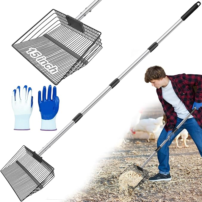 15 inch Large Chicken Poop Scooper and Rake for Sand for Shavings 74" Heavy Duty Pooper Scooper Long Handle Chicken Coop Scoop for Cleaning Tools 5-in-1 Sifting Shovel for Chicken Scoop supplies