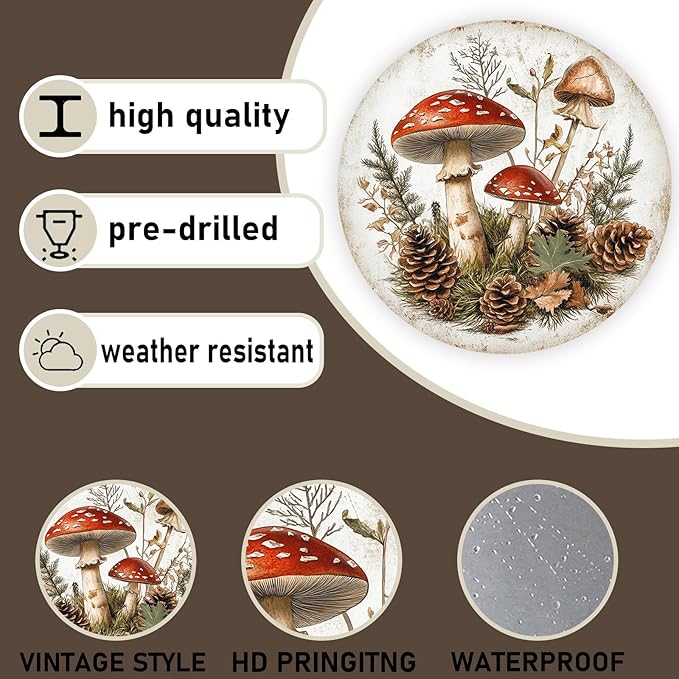 Funny Mushroom Rustic Round Garden Metal Signs Vintage Tin Sign Retro Wall Wreath Decor for Home Garden Yard Bar Cafe Farmhouse Garage Indoor Outdoor 8 Inch