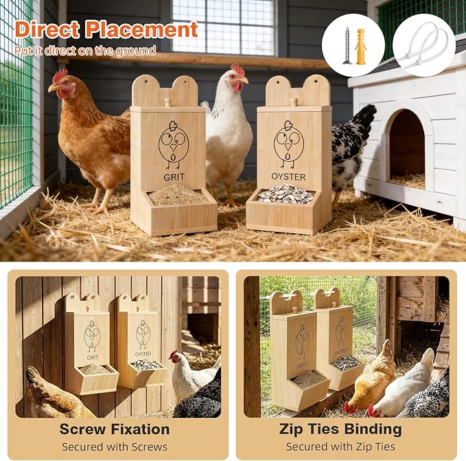 2Pack Chicken Grit Feeder, Wooden Oyster Shell with Magnetic Lid and Drain Holes, Hanging Gravity Chicken Grit Feeder, Coop Accessories for Hens and Chicks