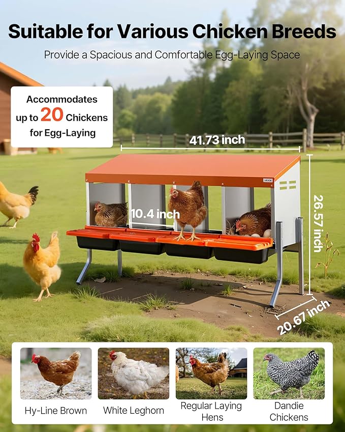 VEVOR Chicken Nesting Boxes, 4 Compartments, with Support Legs, Easy Egg Collection, Galvanized Steel and High-Strength Plastic, Roll Away Nesting Boxes for Chickens and Hens Laying Eggs, Orange