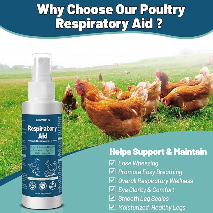 Respiratory Aid for Chicken – Natural Poultry Supplement – Drinking Water Additive – Dropper & Spray Top Included – 4Oz – Safe for All Birds