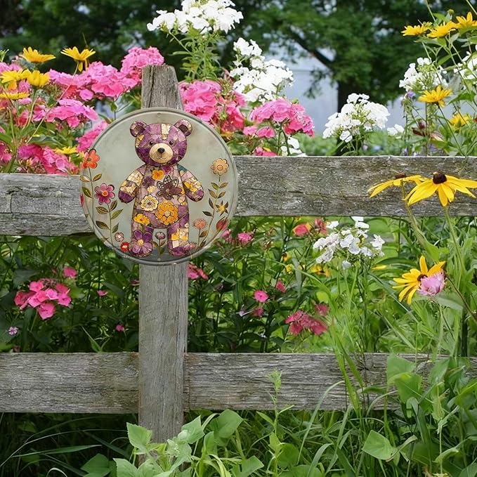 Bear Round Metal Tin Sign Wreath Farm Flowers Rustic Vintage Wall Art Decor for Home Garden Porch Yard Farmhouse Outdoor Decor 12x12inch